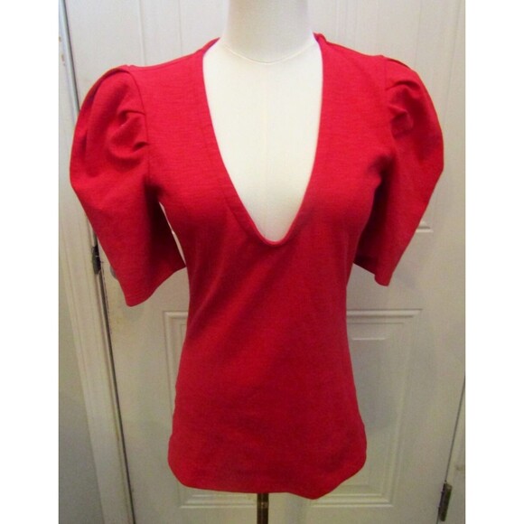 Free People Ellery Top Red Puff Sleeve Pullover Form Fitting NWOT Womens Size S - Picture 2 of 7